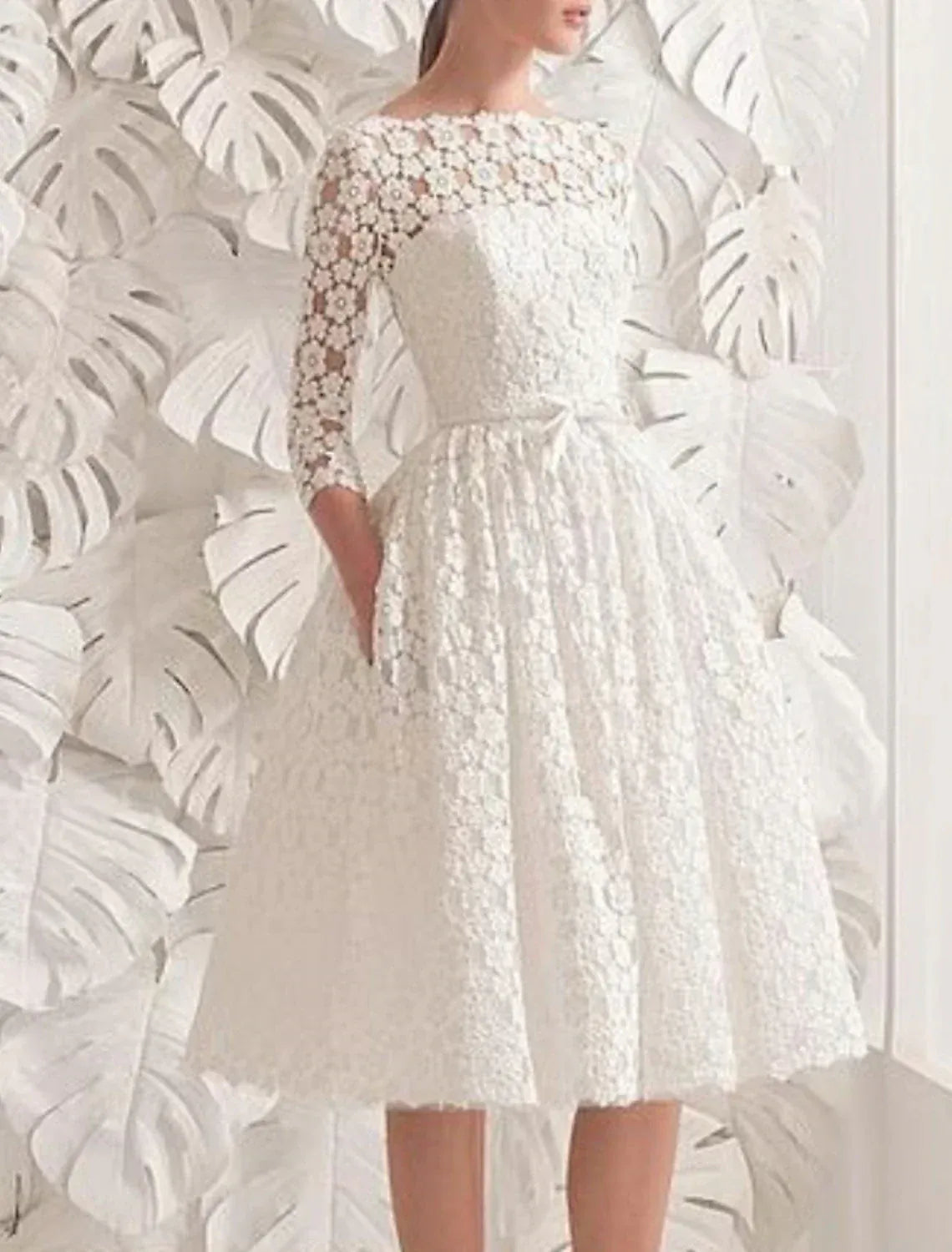 Bateau 3/4 Floral Lace Midi A-Line Wedding Dress With Waist Bow Hidden Side Pockets