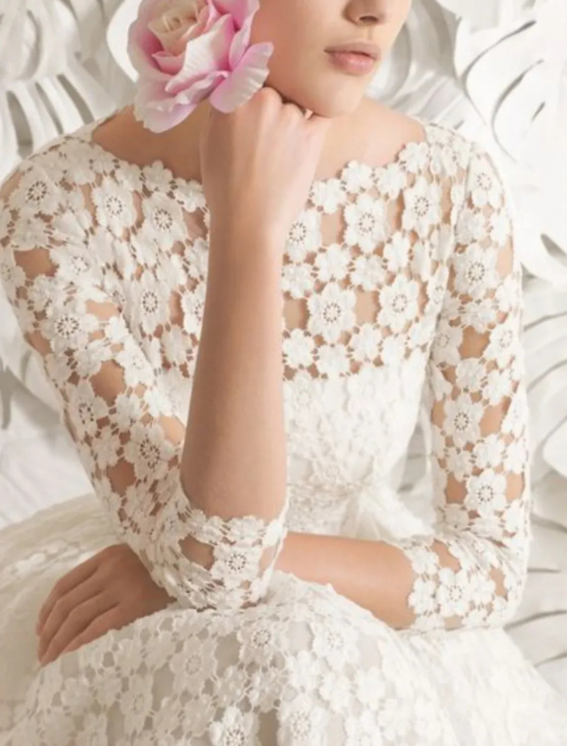 Bateau 3/4 Floral Lace Midi A-Line Wedding Dress With Waist Bow Hidden Side Pockets