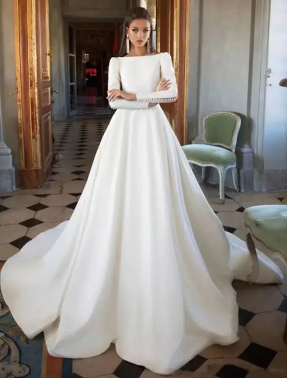 Bateau Long Sleeve Matte Satin Ball Gown Wedding Dress Open Back Pearl Cuff Chapel Train