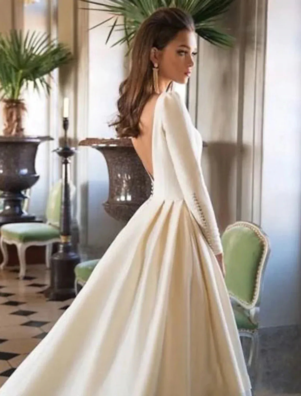 Bateau Long Sleeve Matte Satin Ball Gown Wedding Dress Open Back Pearl Cuff Chapel Train