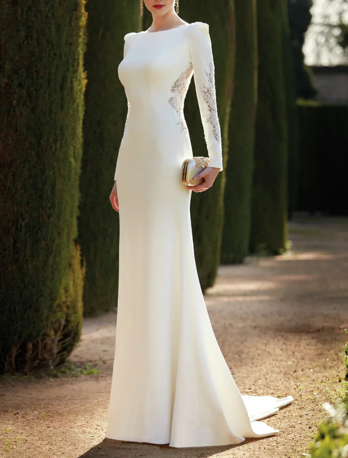Bateau‑Neck Long‑Sleeve Crepe Mermaid Wedding Dress With Lace Cut‑out & Low‑Back Detail