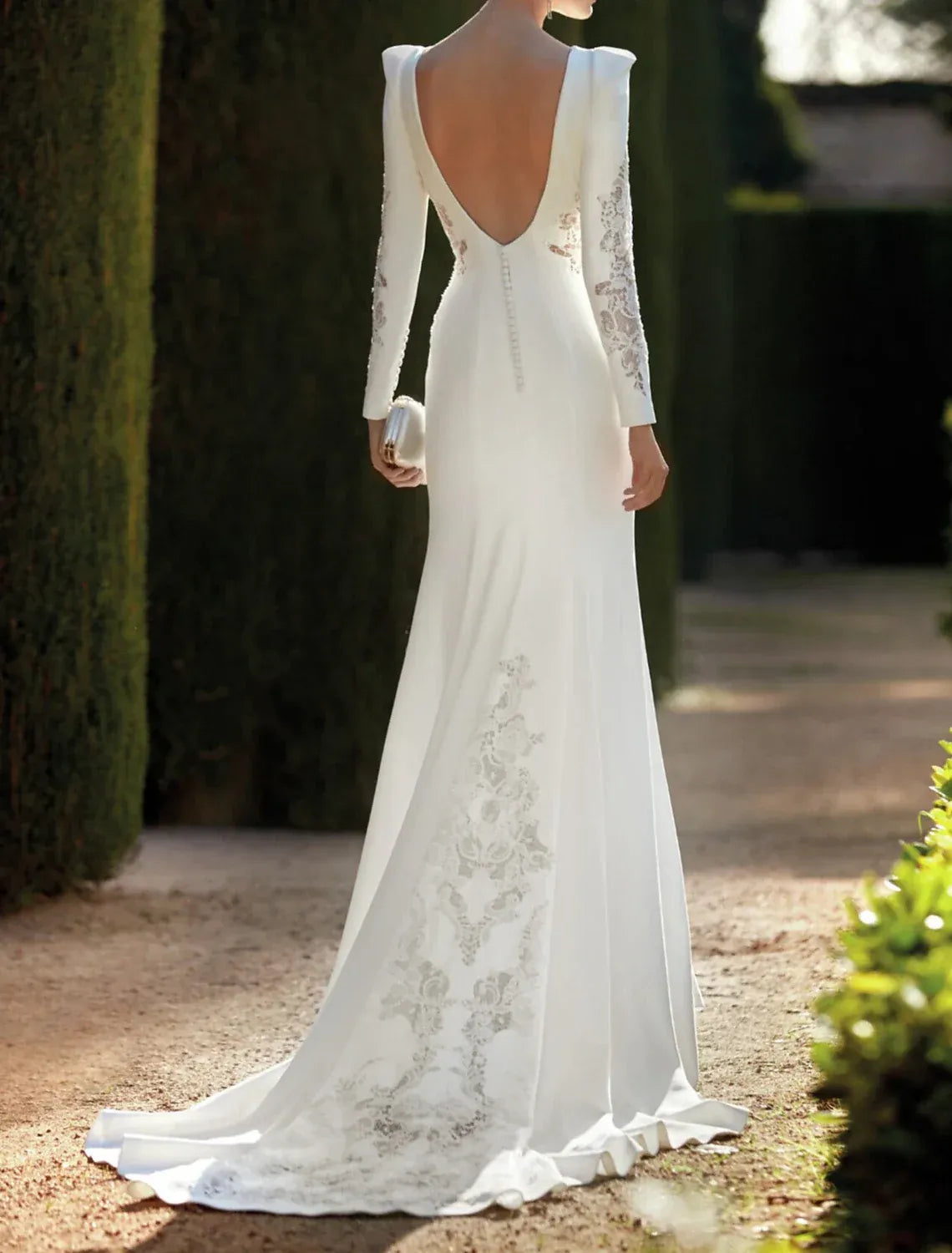 Bateau‑Neck Long‑Sleeve Crepe Mermaid Wedding Dress With Lace Cut‑out & Low‑Back Detail
