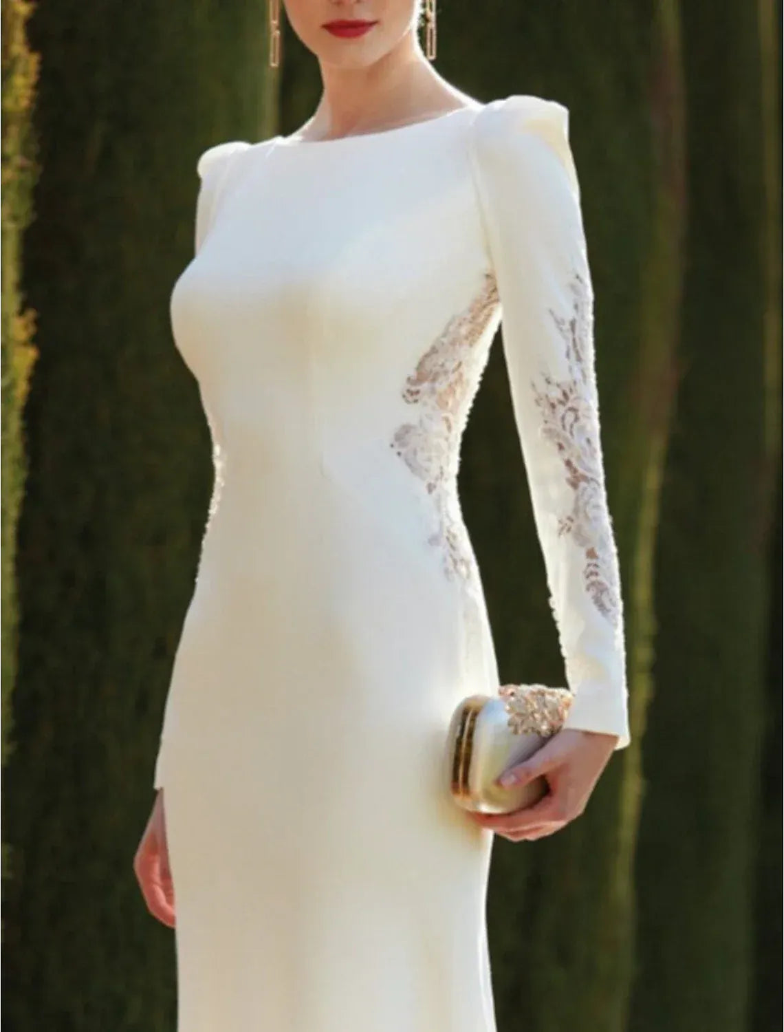 Bateau‑Neck Long‑Sleeve Crepe Mermaid Wedding Dress With Lace Cut‑out & Low‑Back Detail