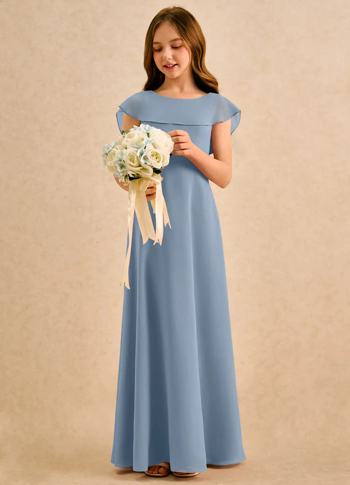 Bateau Neck Short Flutter Sleeve Dusty Blue Chiffon Full-Length Junior Bridesmaid Dresses