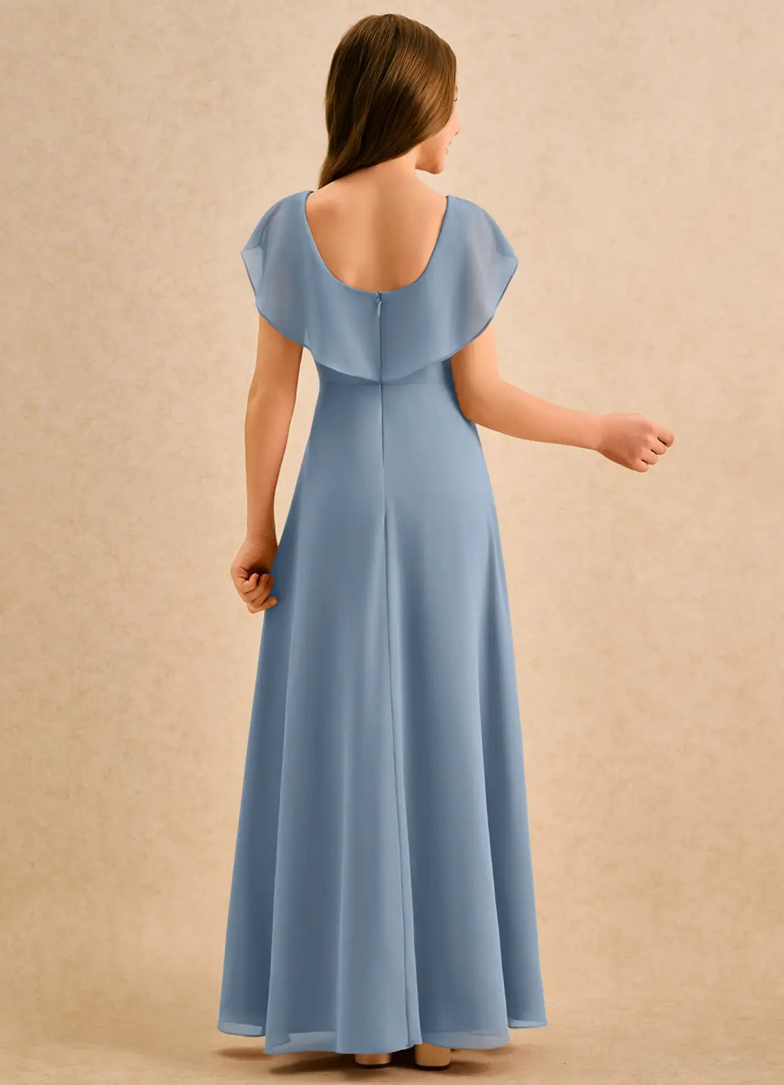Bateau Neck Short Flutter Sleeve Dusty Blue Chiffon Full-Length Junior Bridesmaid Dresses