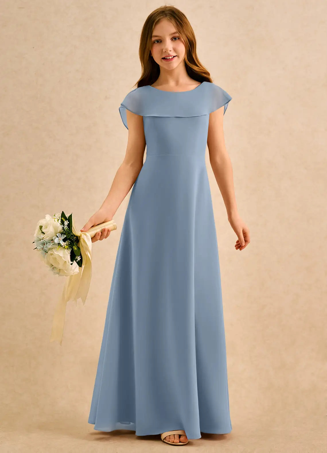Bateau Neck Short Flutter Sleeve Dusty Blue Chiffon Full-Length Junior Bridesmaid Dresses