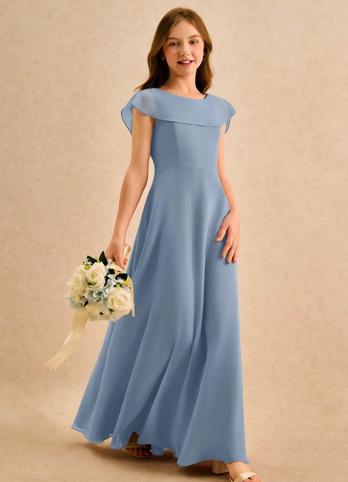 Bateau Neck Short Flutter Sleeve Dusty Blue Chiffon Full-Length Junior Bridesmaid Dresses
