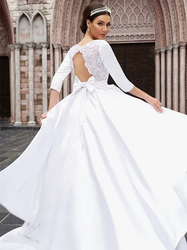 Bateau‑Neck Three‑Quarter‑Sleeve Satin Ball‑Gown Wedding Dress With Lace‑Keyhole‑Back & Bow‑Waist Detail