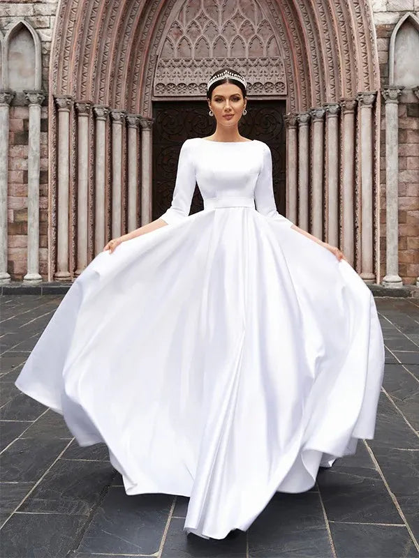 Bateau‑Neck Three‑Quarter‑Sleeve Satin Ball‑Gown Wedding Dress With Lace‑Keyhole‑Back & Bow‑Waist Detail