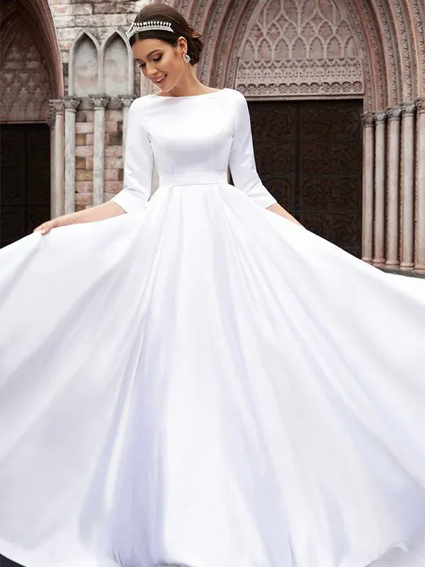 Bateau‑Neck Three‑Quarter‑Sleeve Satin Ball‑Gown Wedding Dress With Lace‑Keyhole‑Back & Bow‑Waist Detail