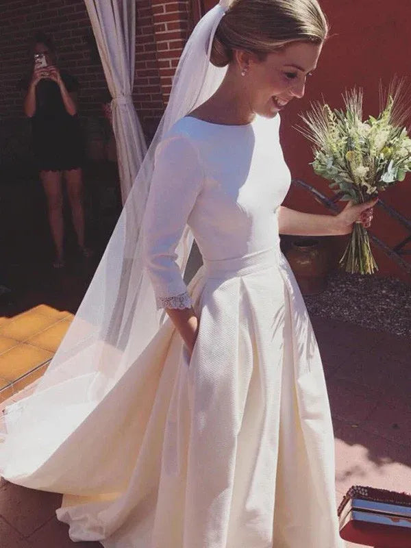 Bateau‑Neck Three‑Quarter‑Sleeve Textured‑Fabric A‑Line Wedding Dress With Deep‑V Back & Functional Pockets