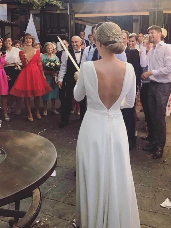 Bateau‑Neck Three‑Quarter‑Sleeve Textured‑Fabric A‑Line Wedding Dress With Deep‑V Back & Functional Pockets