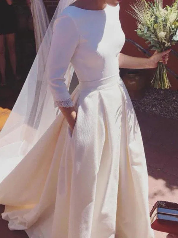 Bateau‑Neck Three‑Quarter‑Sleeve Textured‑Fabric A‑Line Wedding Dress With Deep‑V Back & Functional Pockets
