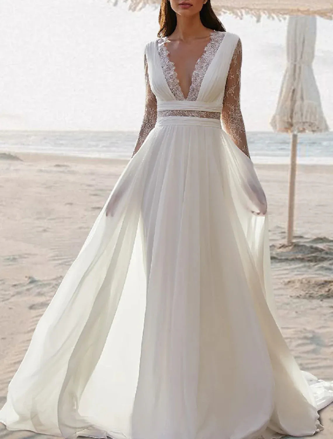 Beach A-Line Deep V Long Lace Sleeve Waist Cutout Pearl Button Chiffon Wedding Dress