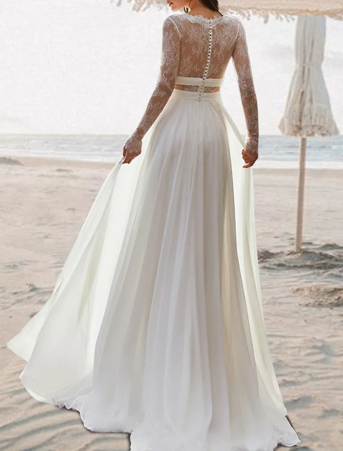 Beach A-Line Deep V Long Lace Sleeve Waist Cutout Pearl Button Chiffon Wedding Dress