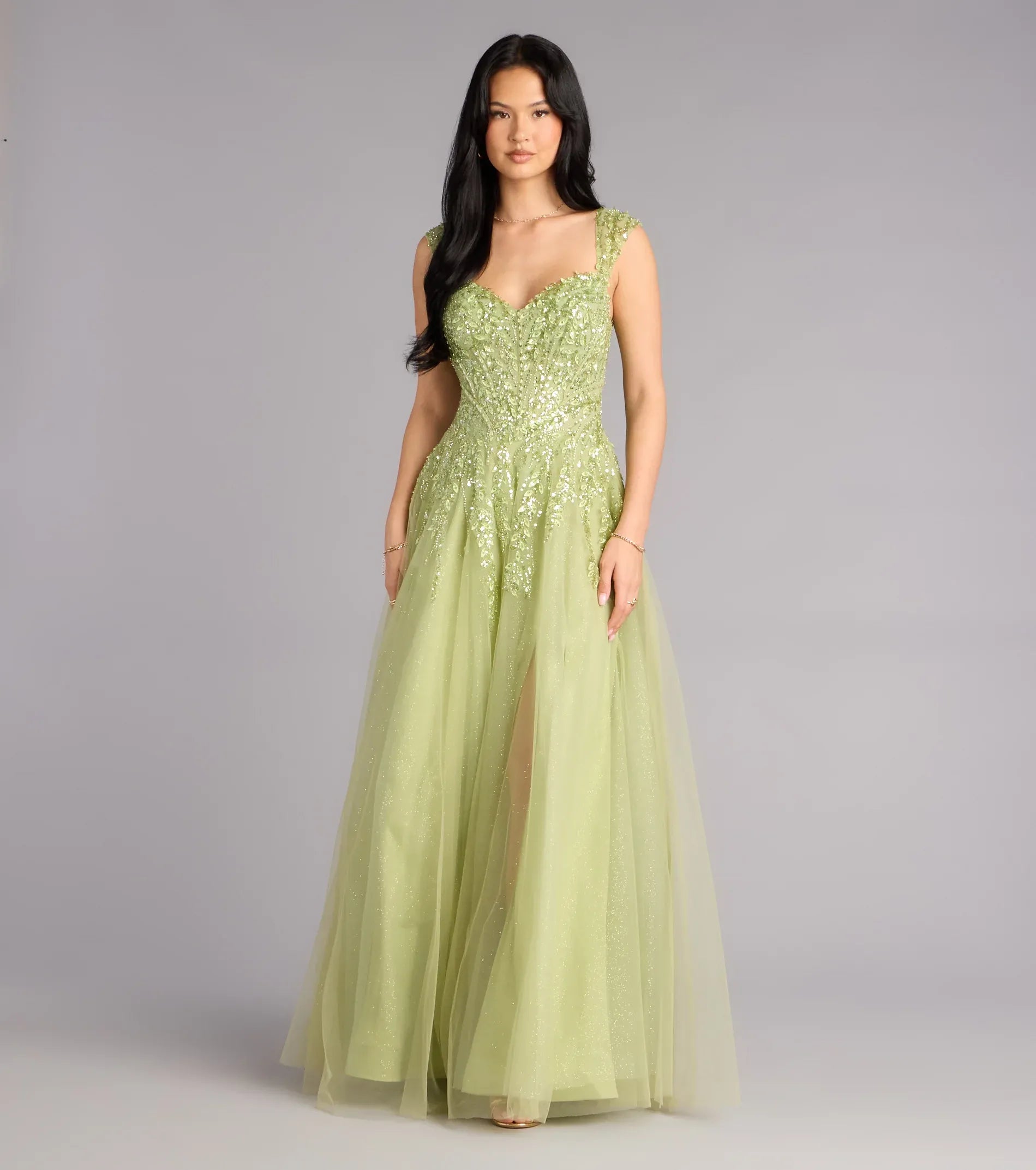 Beaded A-Line Sweetheart Cap-Sleeve Lace-Up-Back Slit Glitter-Tulle Maxi Formal Evening Dress