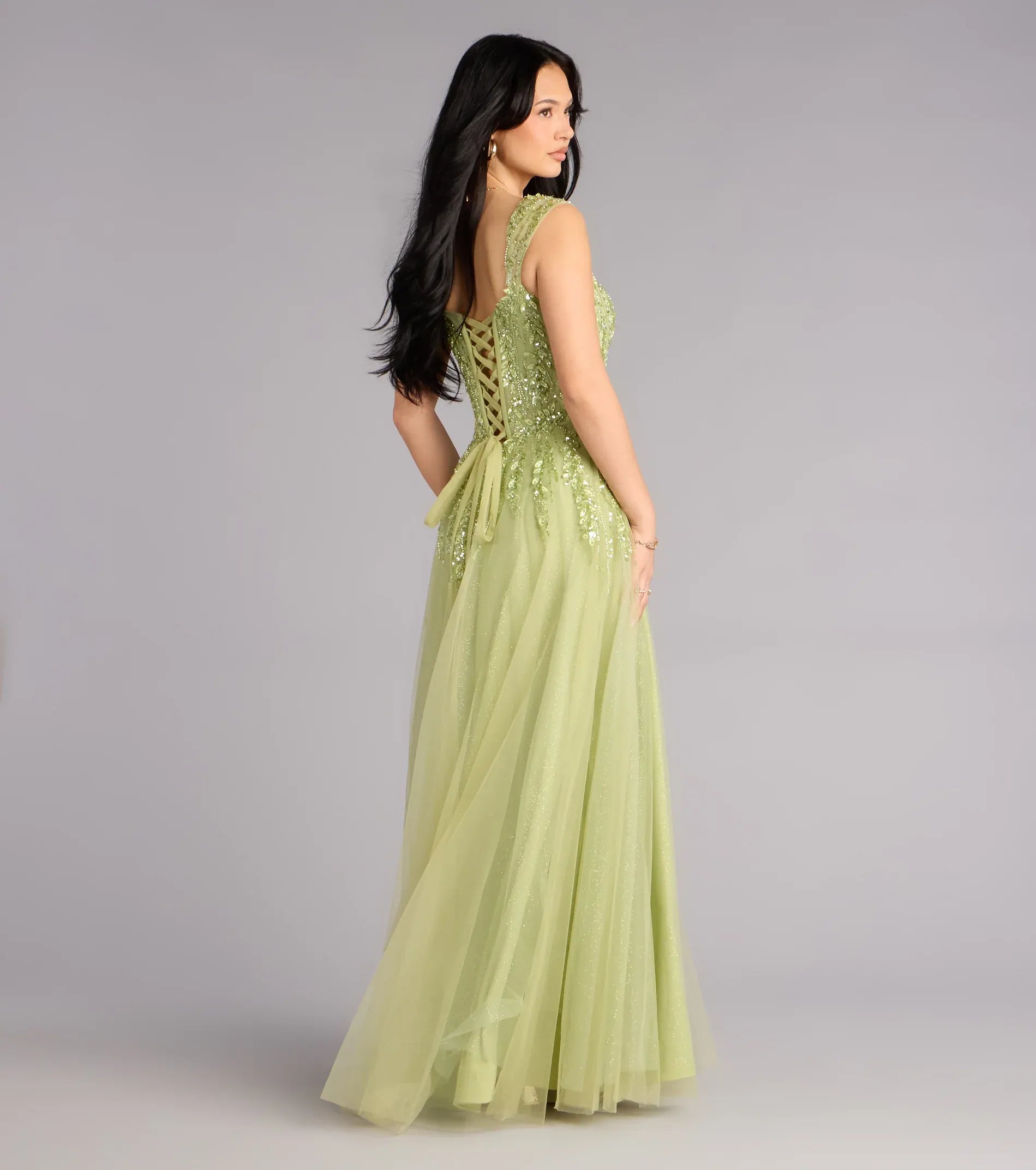 Beaded A-Line Sweetheart Cap-Sleeve Lace-Up-Back Slit Glitter-Tulle Maxi Formal Evening Dress