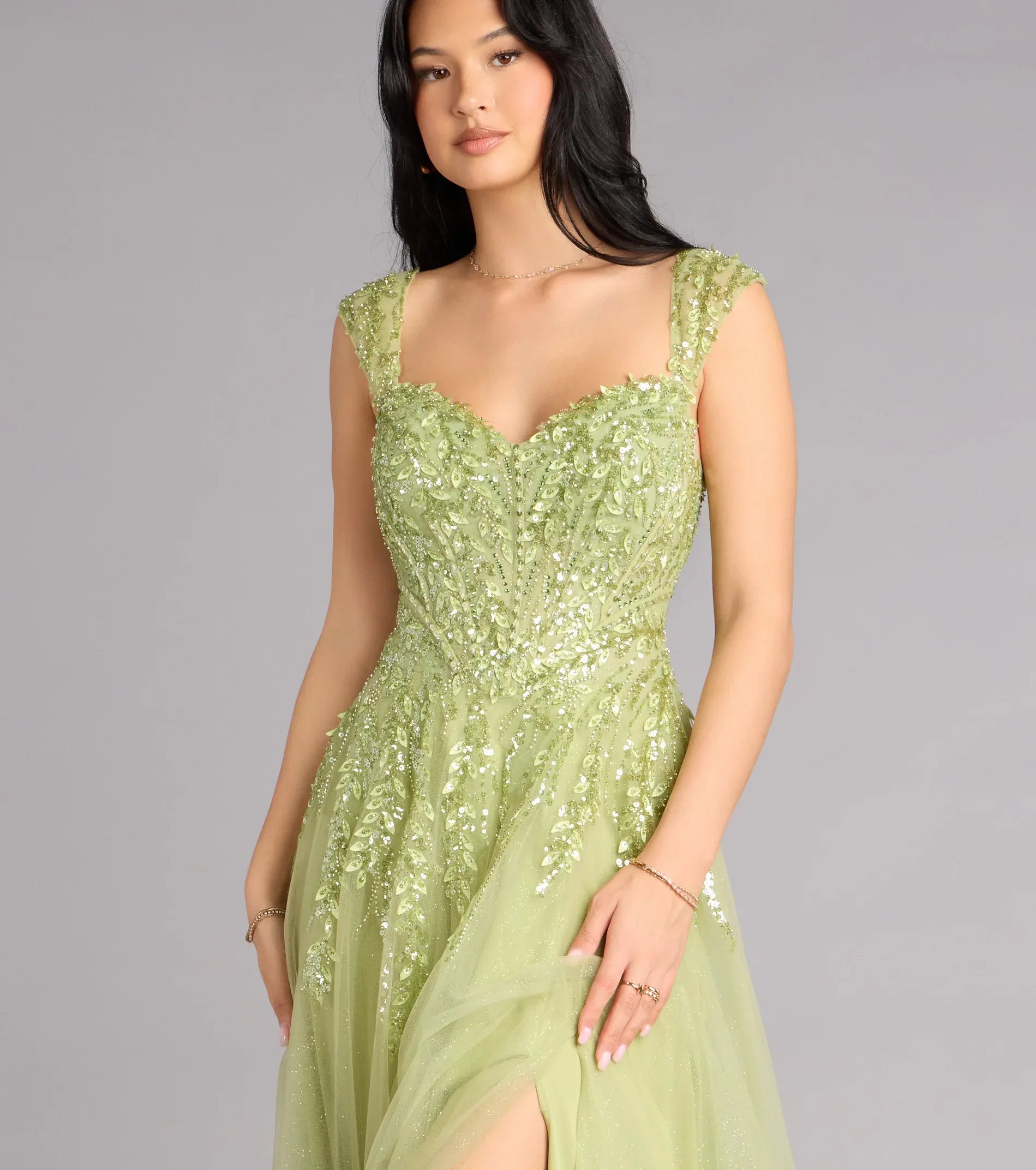 Beaded A-Line Sweetheart Cap-Sleeve Lace-Up-Back Slit Glitter-Tulle Maxi Formal Evening Dress