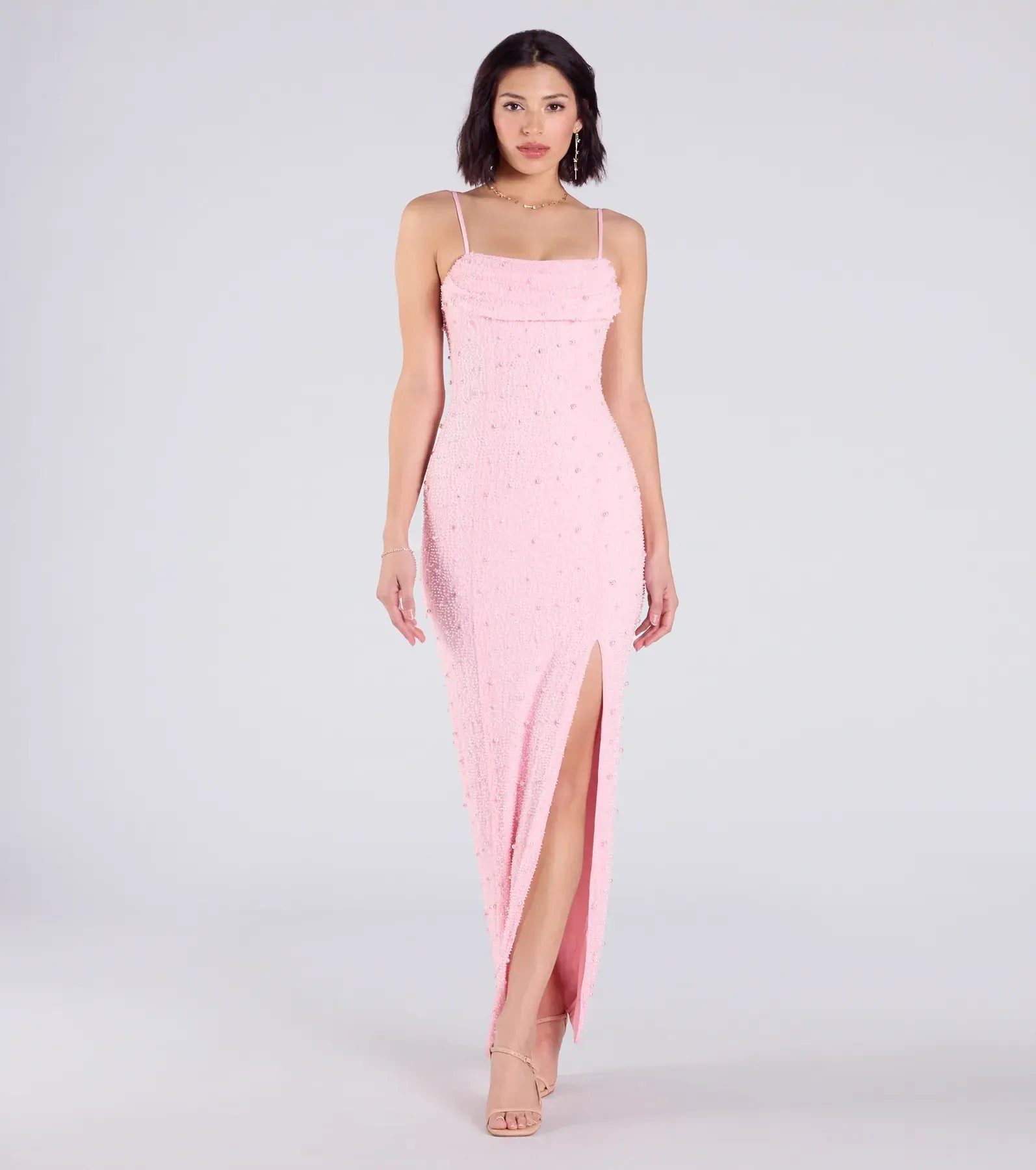 Beaded Column Spaghetti Straps Foldover V-Back Slit Midi Wedding Guest Dress