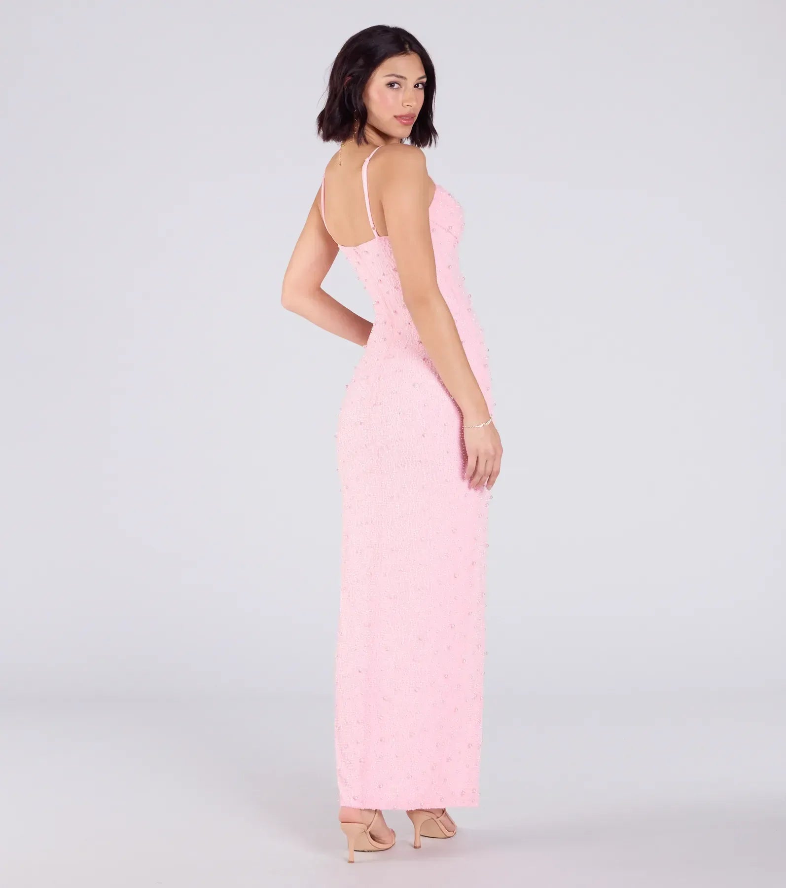 Beaded Column Spaghetti Straps Foldover V-Back Slit Midi Wedding Guest Dress