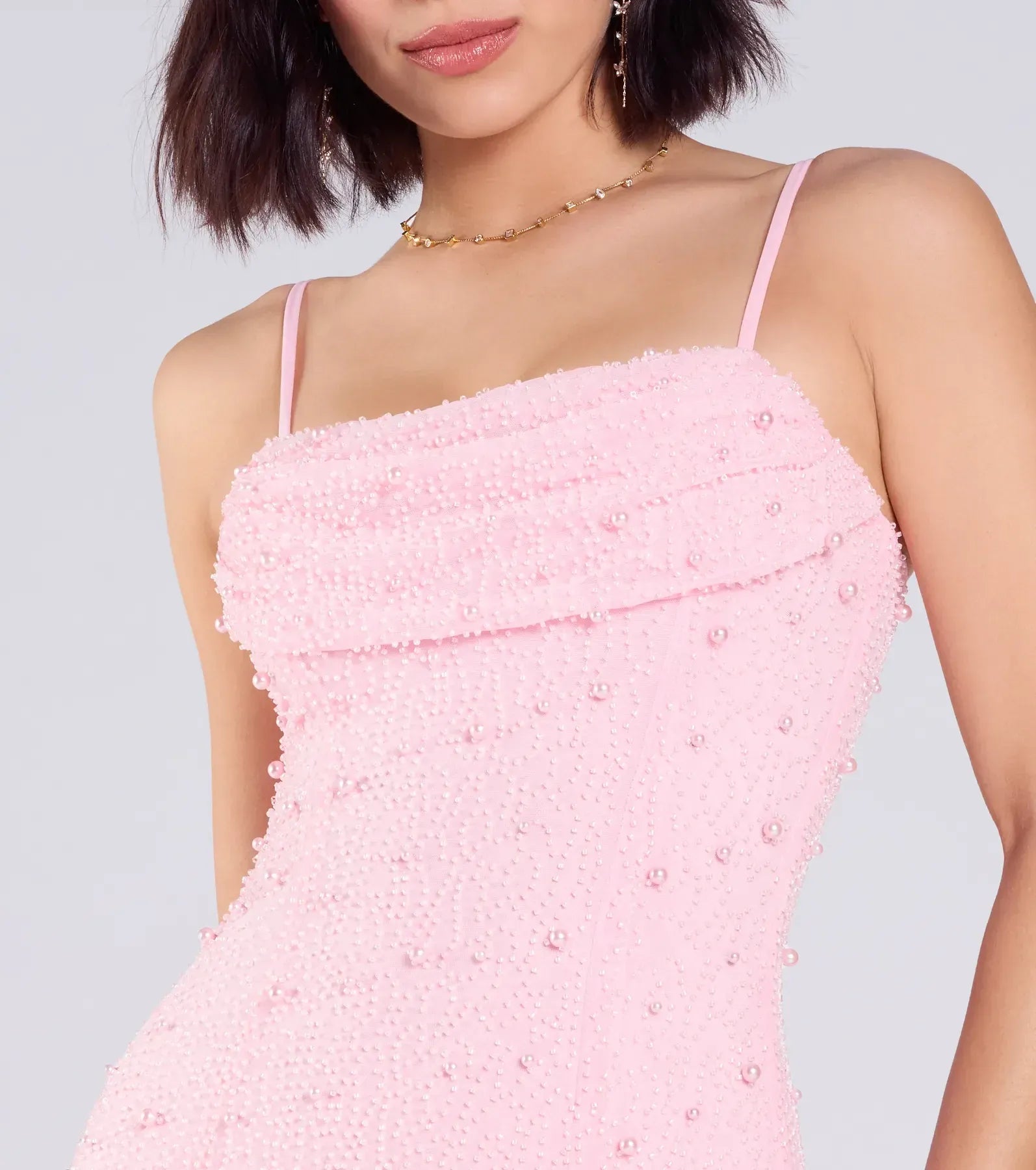 Beaded Column Spaghetti Straps Foldover V-Back Slit Midi Wedding Guest Dress