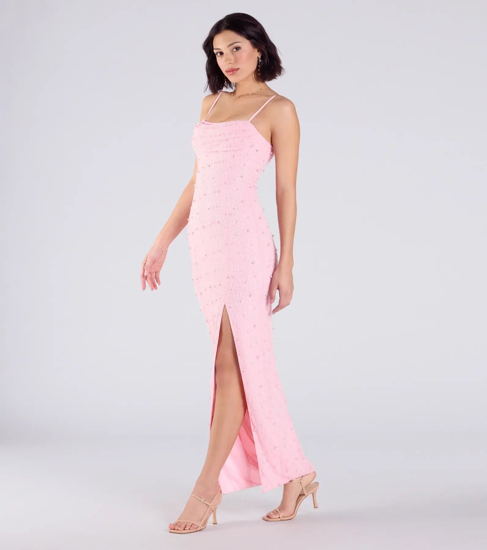 Beaded Column Spaghetti Straps Foldover V-Back Slit Midi Wedding Guest Dress