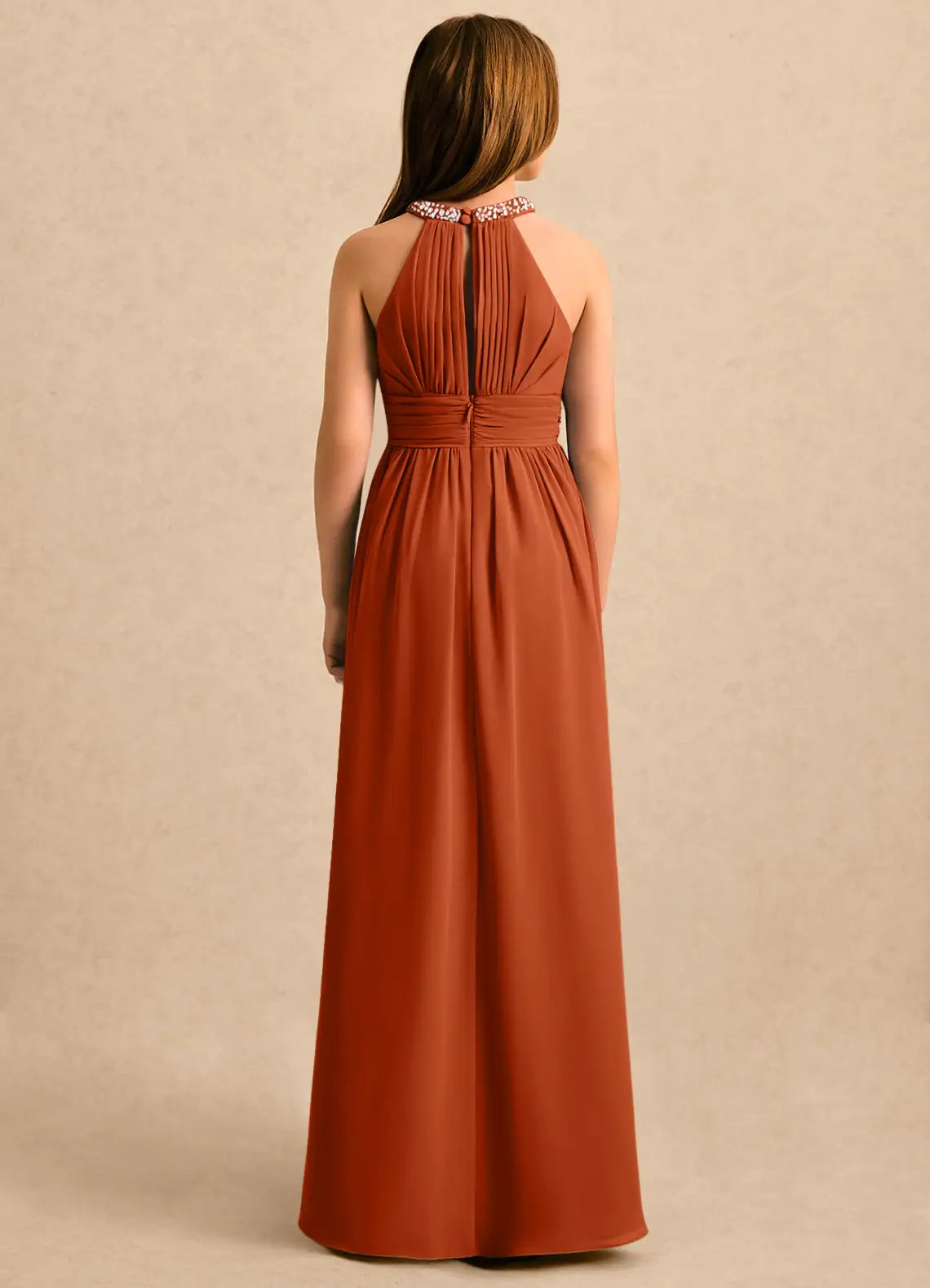 Beaded Halter Neck Terracotta Chiffon Full-Length Junior Bridesmaid Dresses with Leg Slit