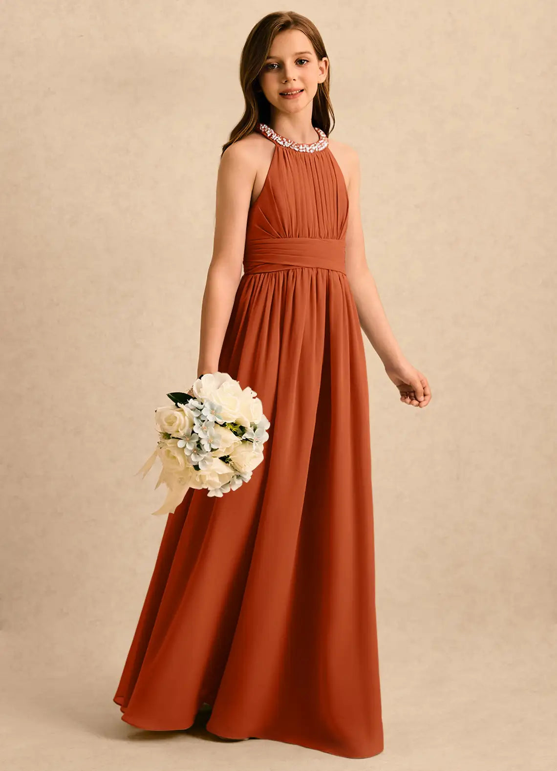 Beaded Halter Neck Terracotta Chiffon Full-Length Junior Bridesmaid Dresses with Leg Slit