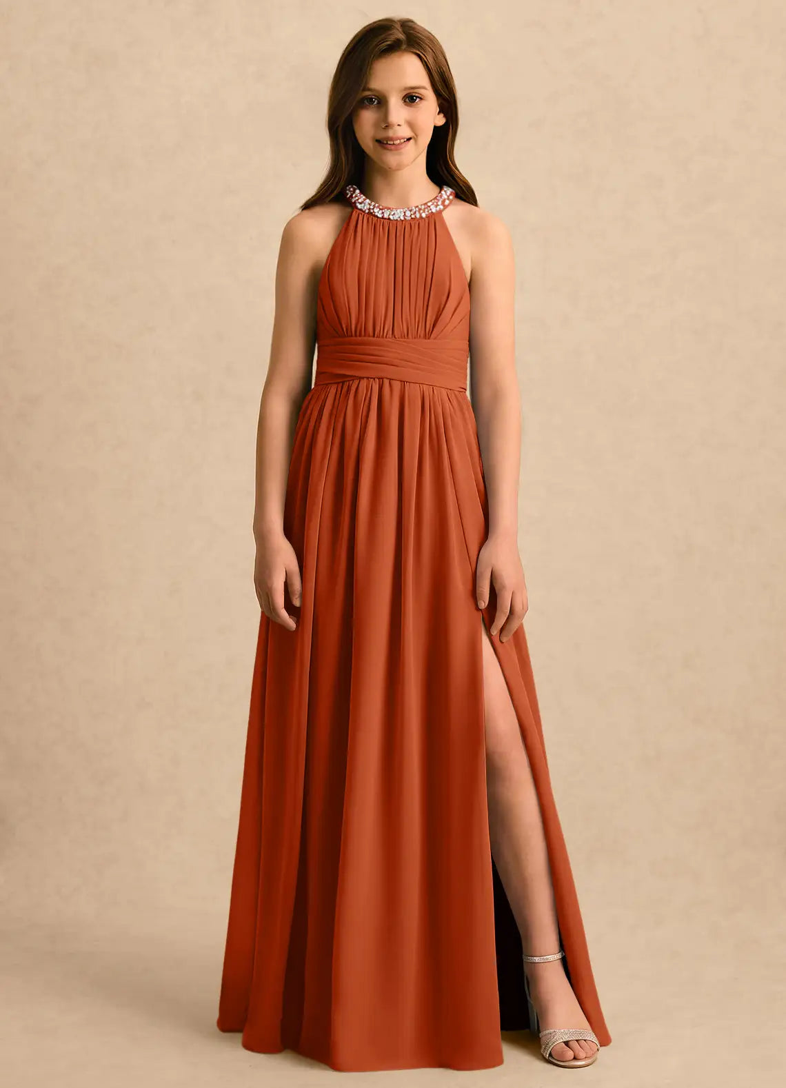 Beaded Halter Neck Terracotta Chiffon Full-Length Junior Bridesmaid Dresses with Leg Slit