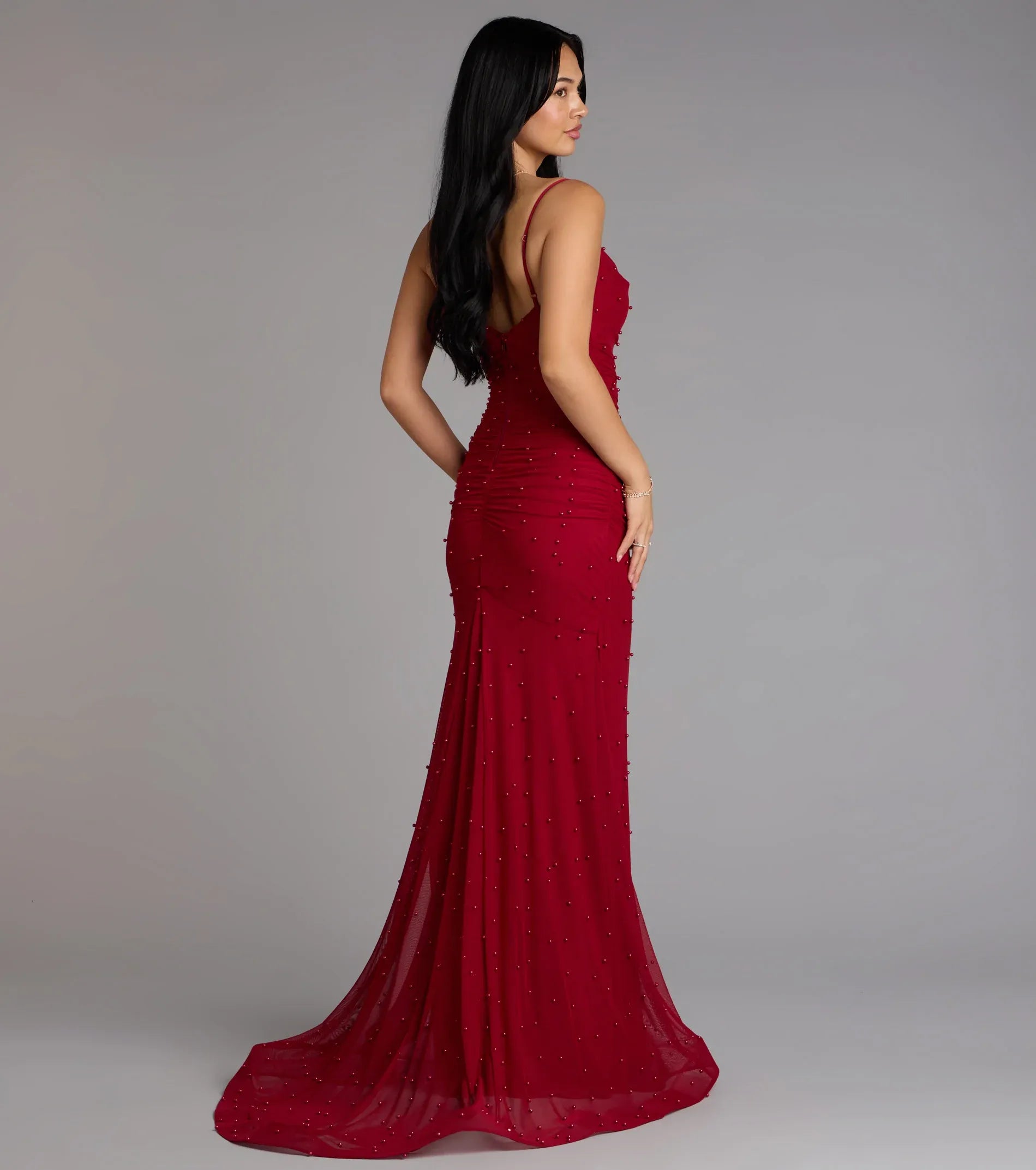 Beaded Mermaid Spaghetti V-Neck Ruched Mesh Train Maxi Wedding Guest Dress