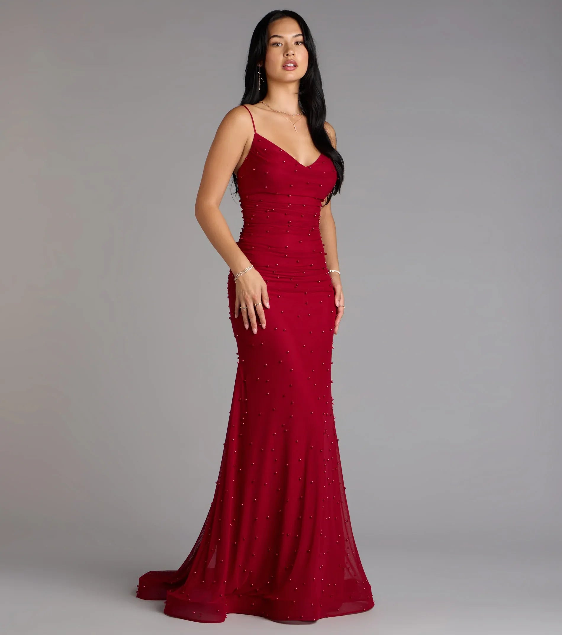 Beaded Mermaid Spaghetti V-Neck Ruched Mesh Train Maxi Wedding Guest Dress