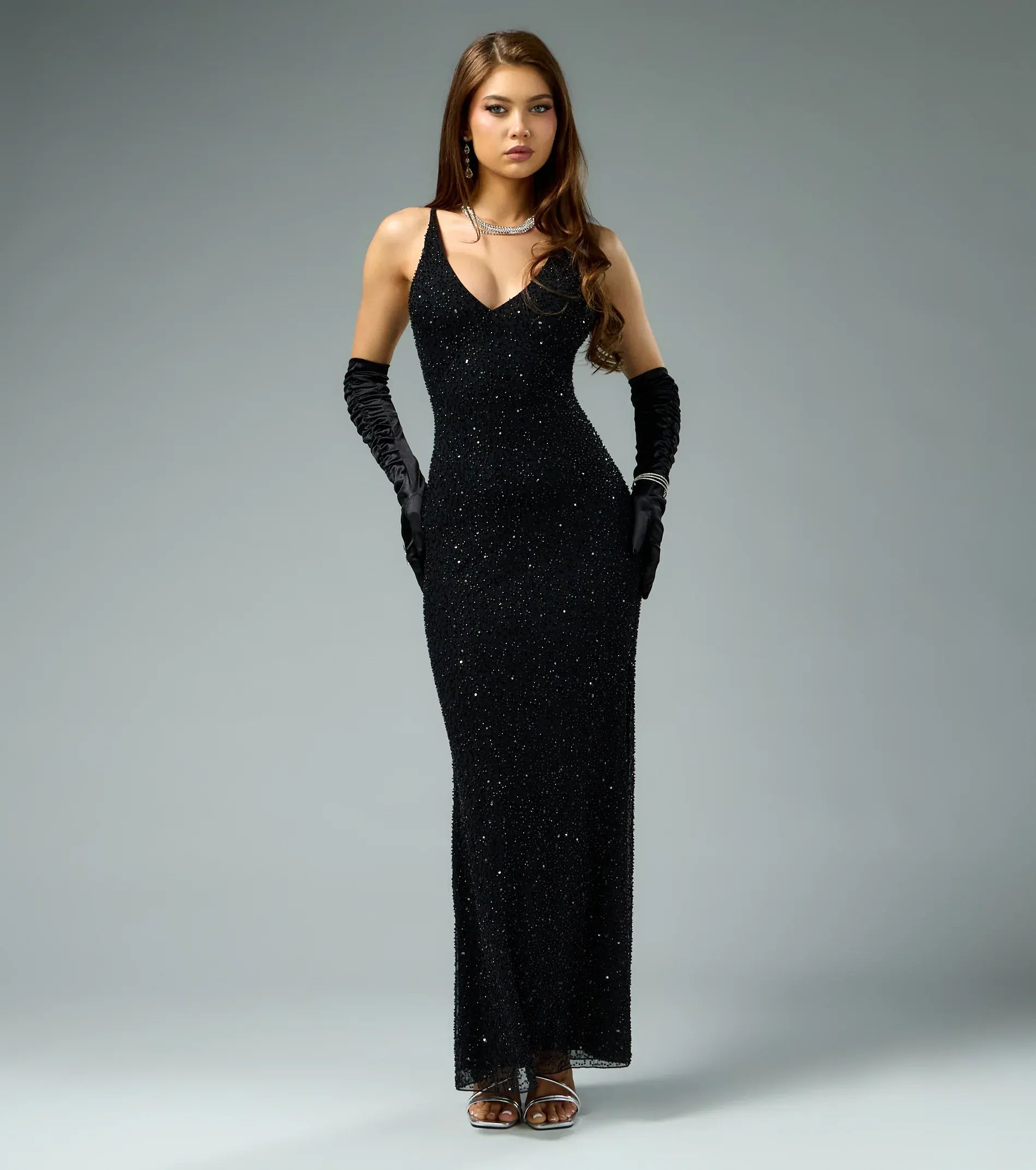 Beaded Mermaid V-Neck Spaghetti Tie-Back Mesh Maxi Wedding Guest Dress
