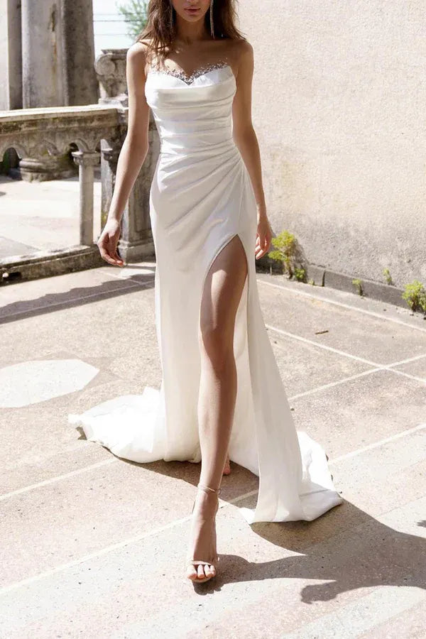 Beaded Strapless Draped Satin Mermaid Floor-Length Wedding Dress