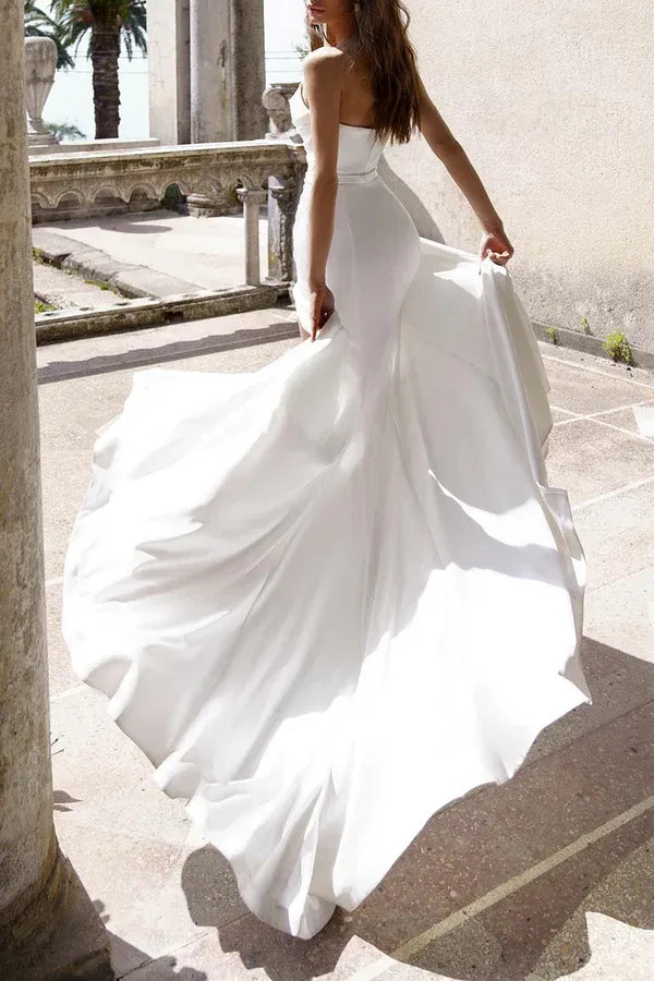 Beaded Strapless Draped Satin Mermaid Floor-Length Wedding Dress