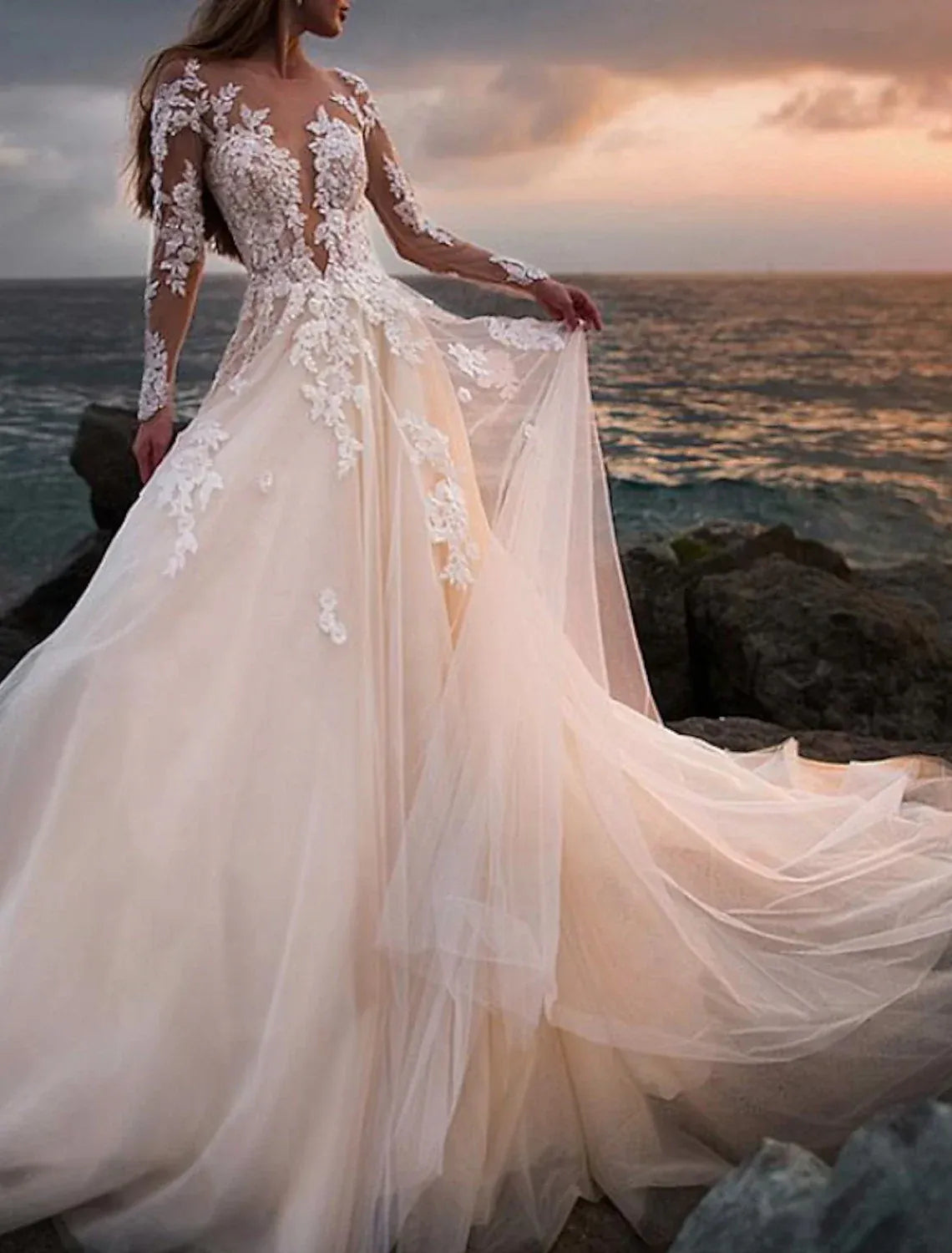 Beige A-Line Illusion Deep V Long Sleeve Floral Lace Pearl Button Chapel Train Wedding Dress
