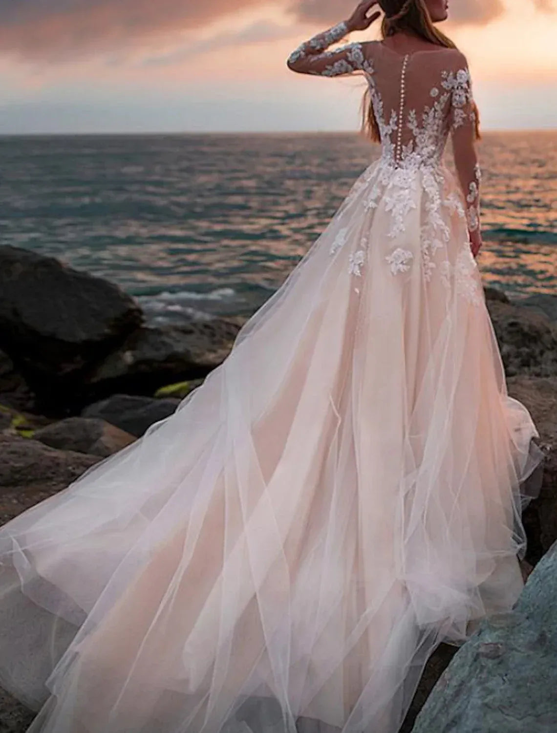 Beige A-Line Illusion Deep V Long Sleeve Floral Lace Pearl Button Chapel Train Wedding Dress