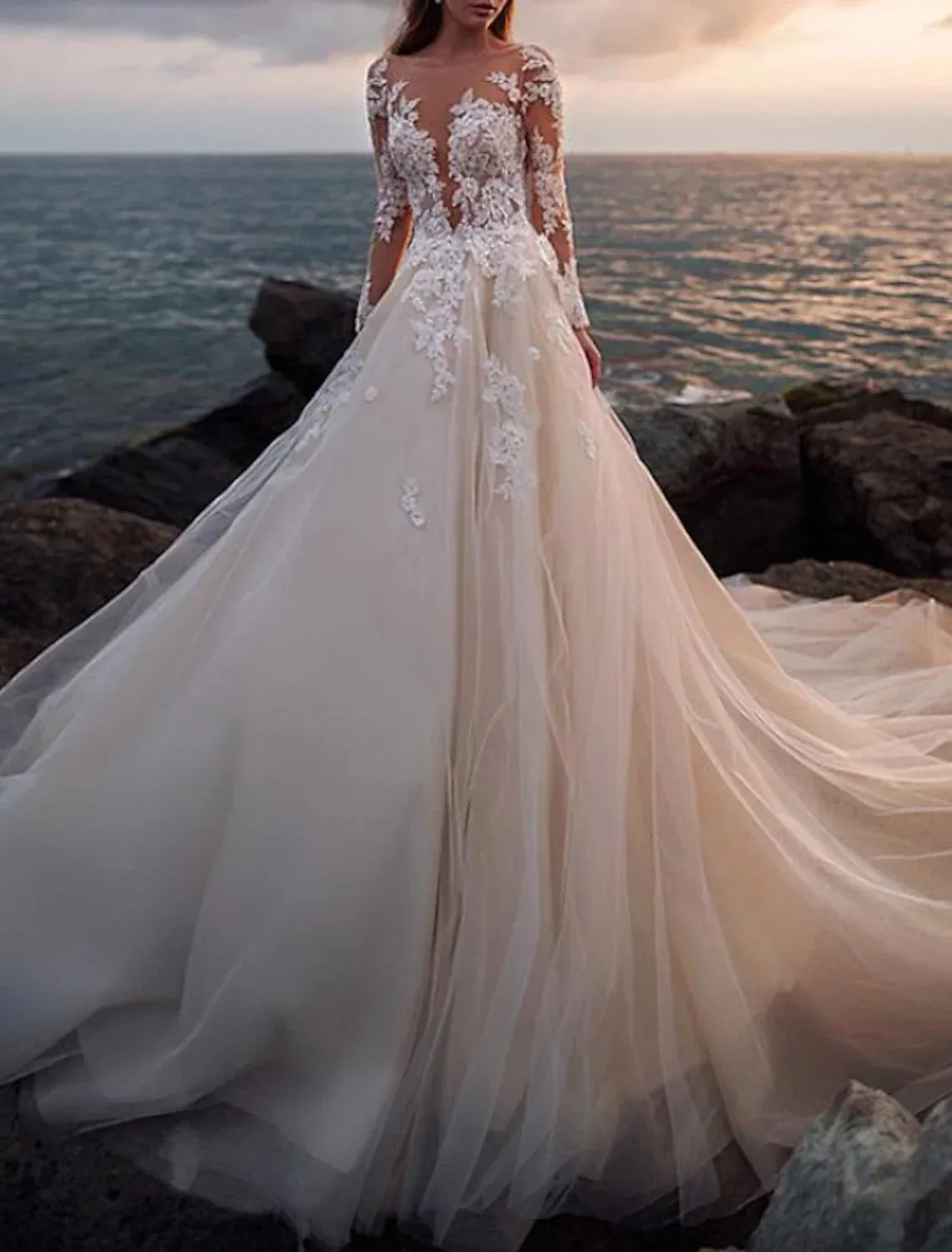 Beige A-Line Illusion Deep V Long Sleeve Floral Lace Pearl Button Chapel Train Wedding Dress