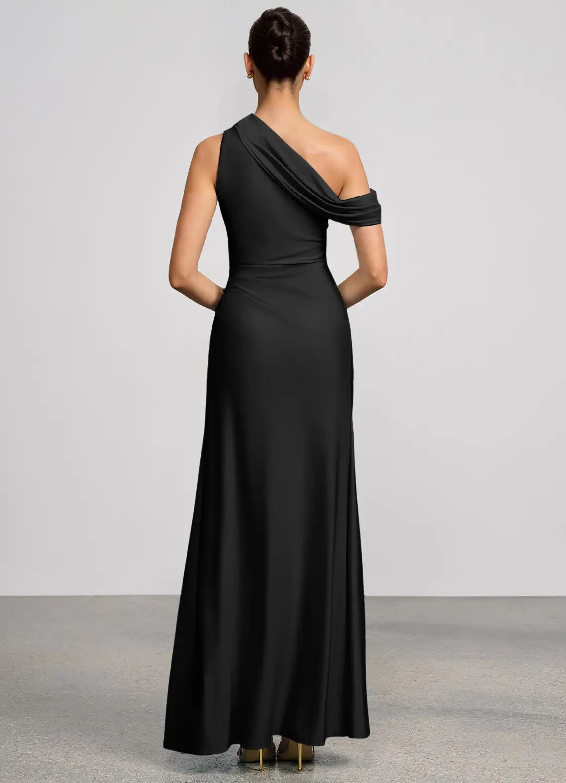 Black Asymmetrical Off Shoulder Ruched Slit Mermaid Maxi Satin Wedding Guest Dress