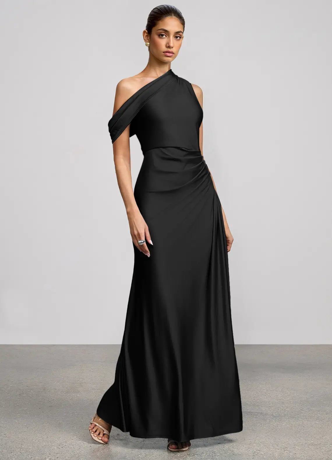 Black Asymmetrical Off Shoulder Ruched Slit Mermaid Maxi Satin Wedding Guest Dress