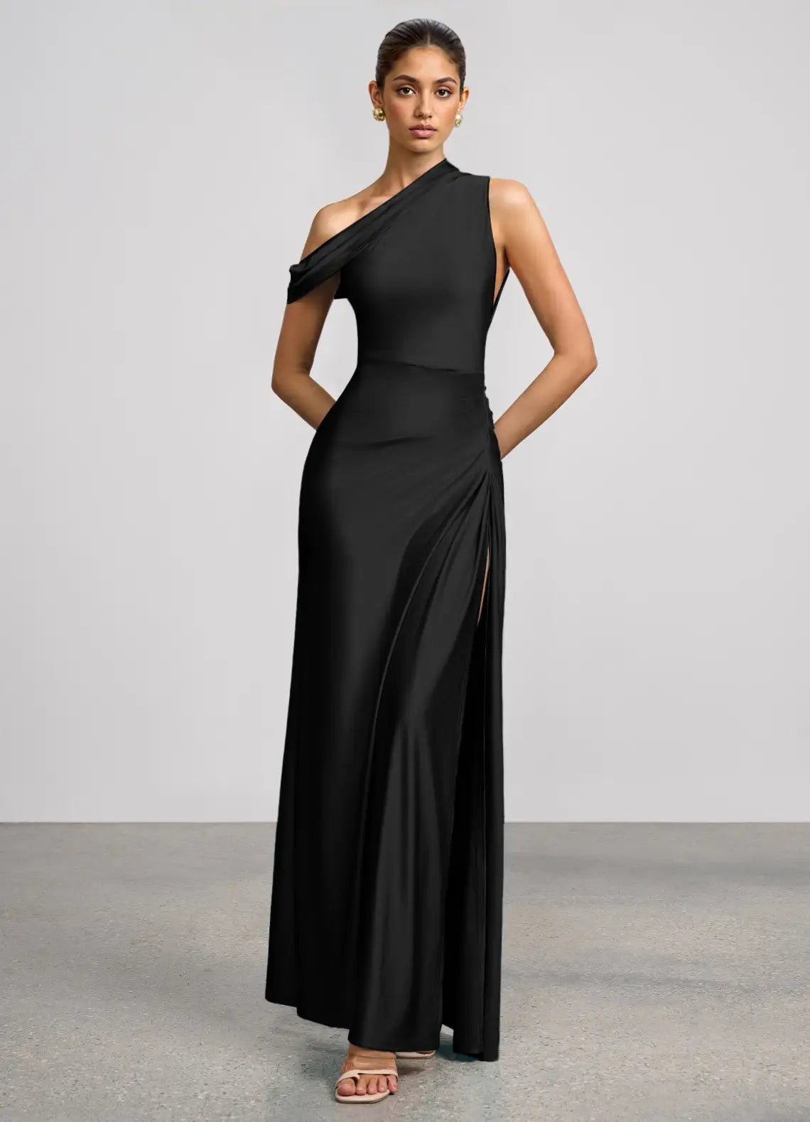 Black Asymmetrical Off Shoulder Ruched Slit Mermaid Maxi Satin Wedding Guest Dress