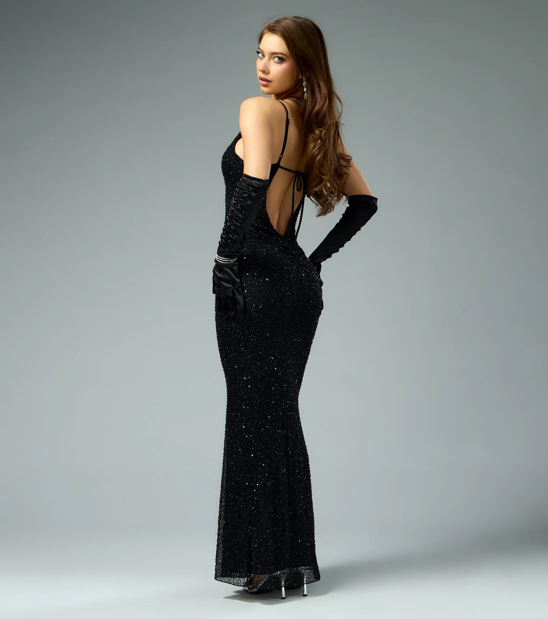 Black Beaded Mermaid Spaghetti Strap Deep V Tie Open Back Floor Length Wedding Guest Dresses