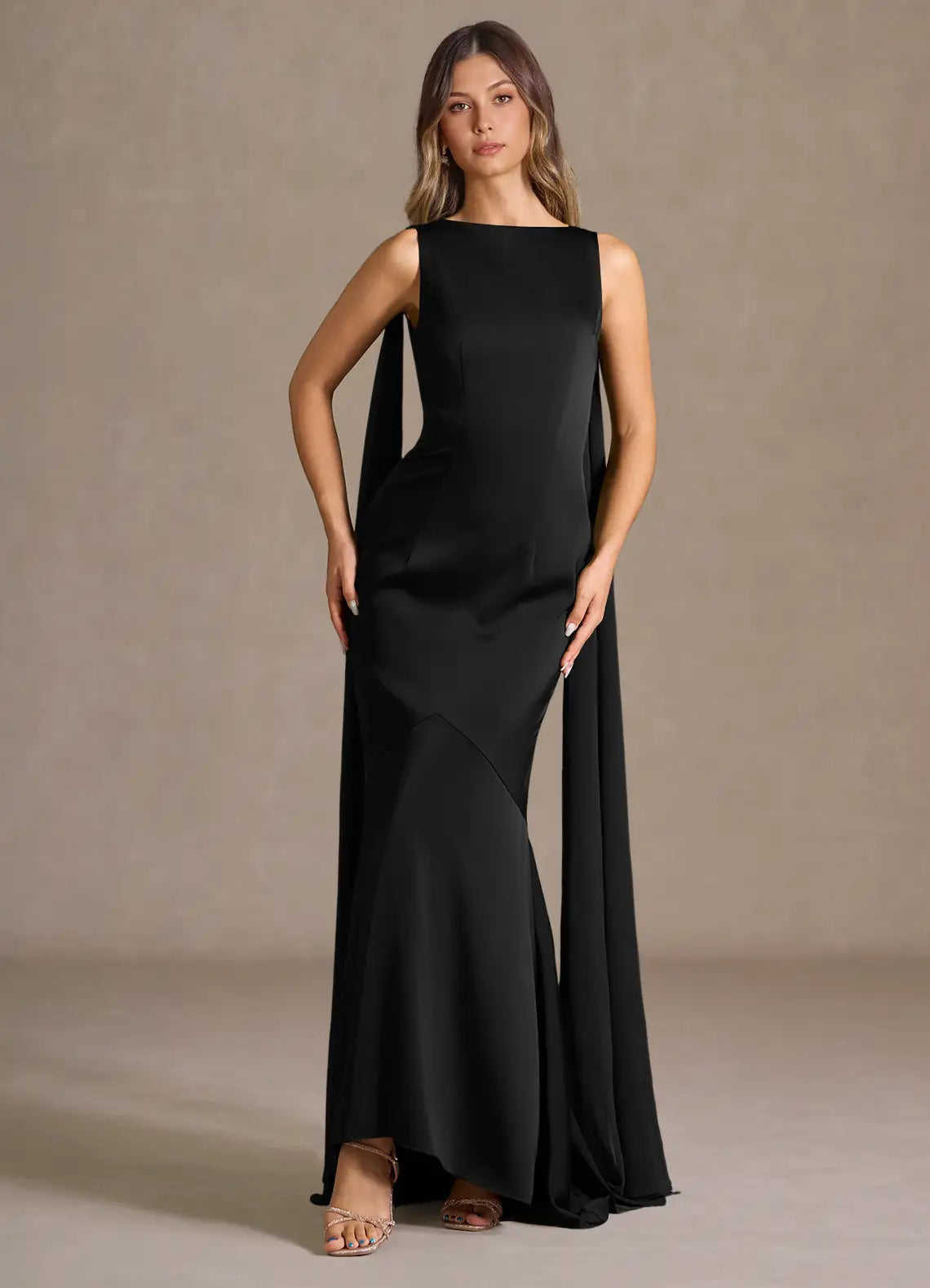 Black Boat Neck Satin Mermaid Maxi Dress With Floating Chiffon Sash Tie Open Back