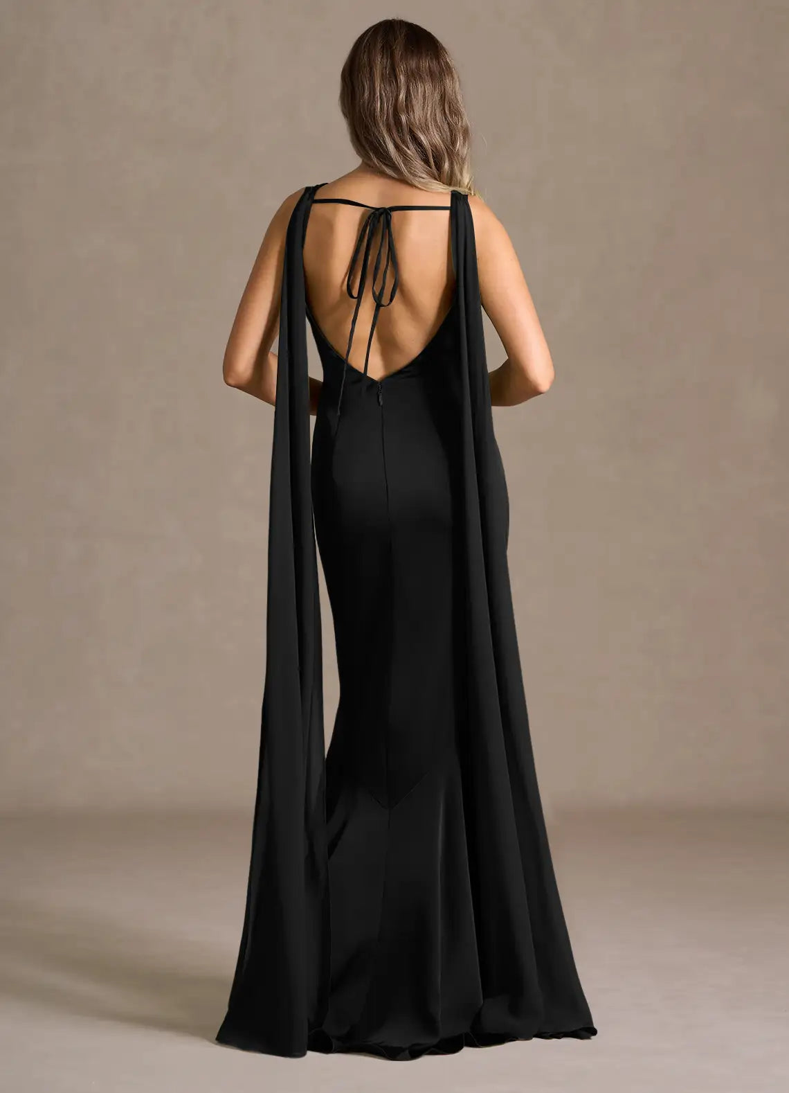 Black Boat Neck Satin Mermaid Maxi Dress With Floating Chiffon Sash Tie Open Back