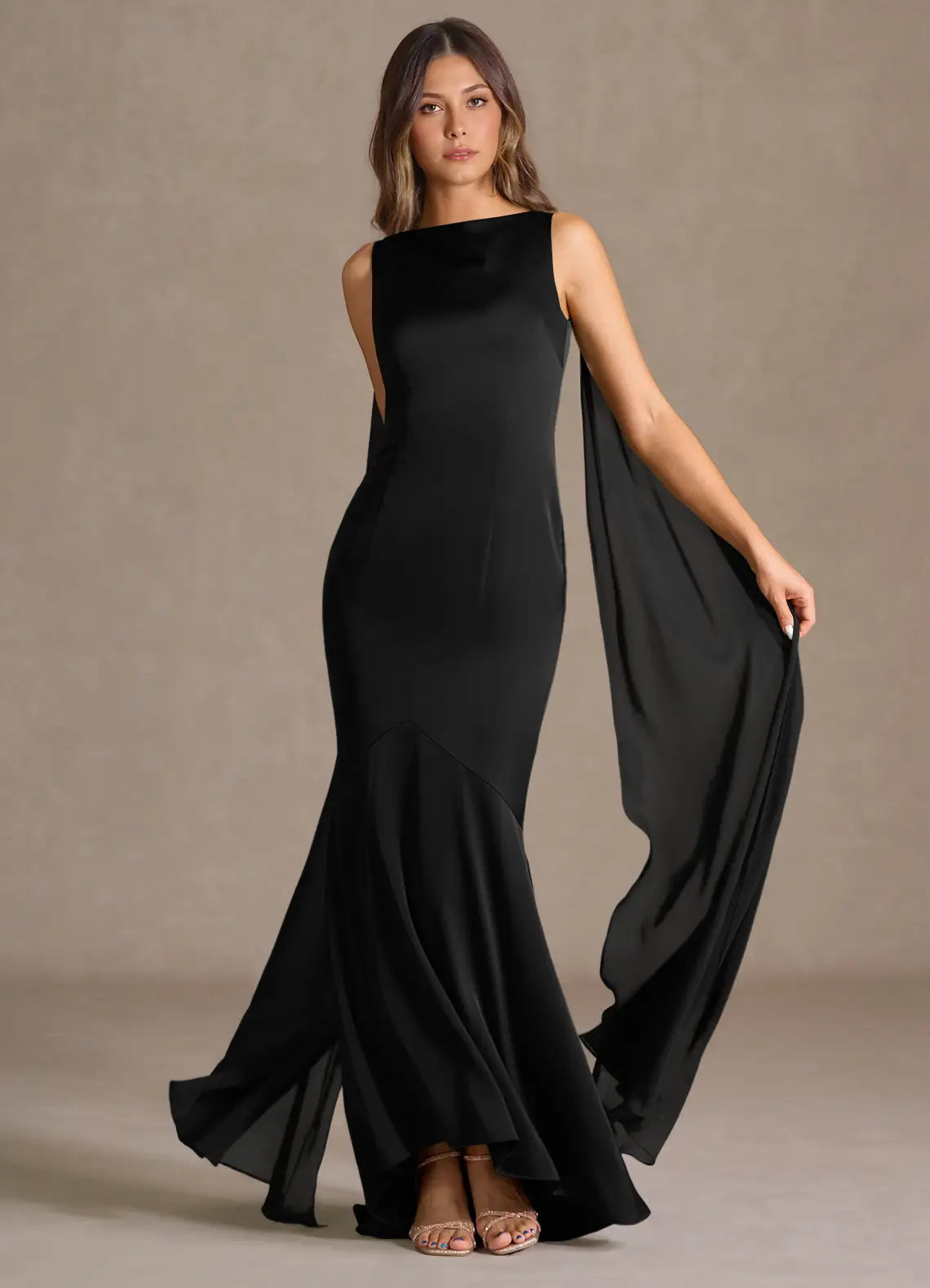 Black Boat Neck Satin Mermaid Maxi Dress With Floating Chiffon Sash Tie Open Back