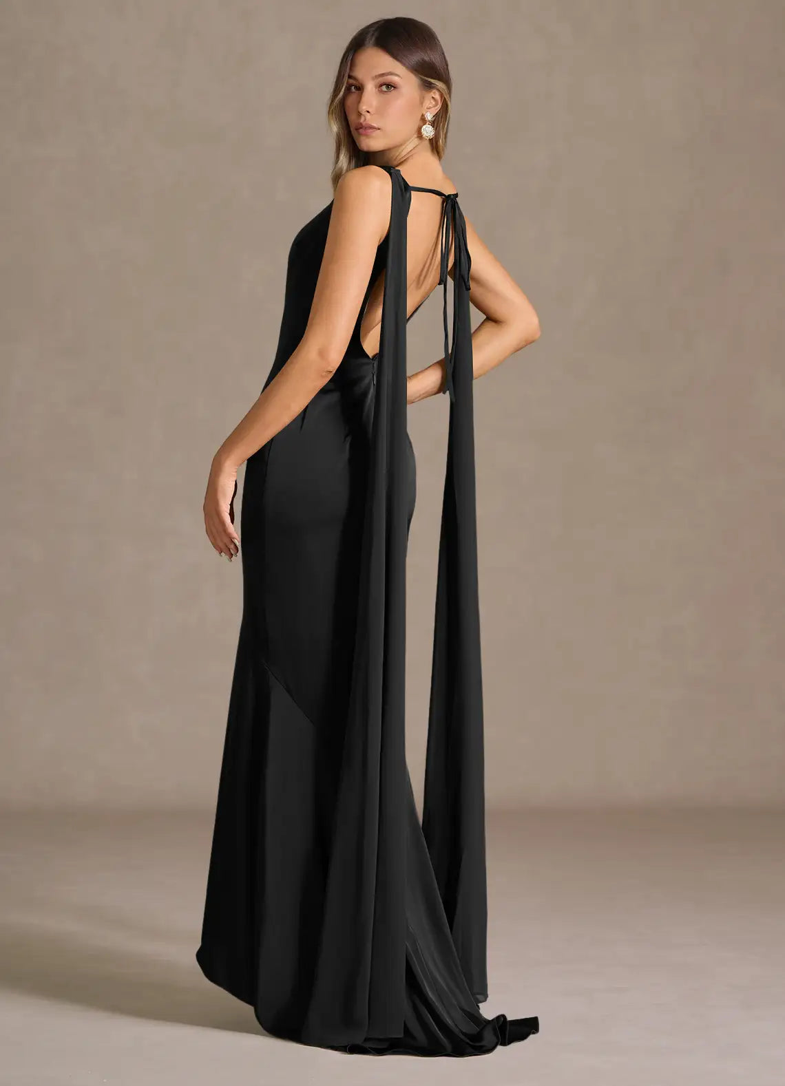 Black Boat Neck Satin Mermaid Maxi Dress With Floating Chiffon Sash Tie Open Back
