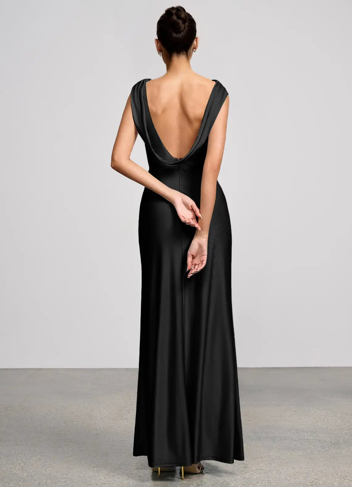 Black Cap Sleeve Cowl Neck Cowl Back Mermaid Maxi Satin Wedding Guest Dress