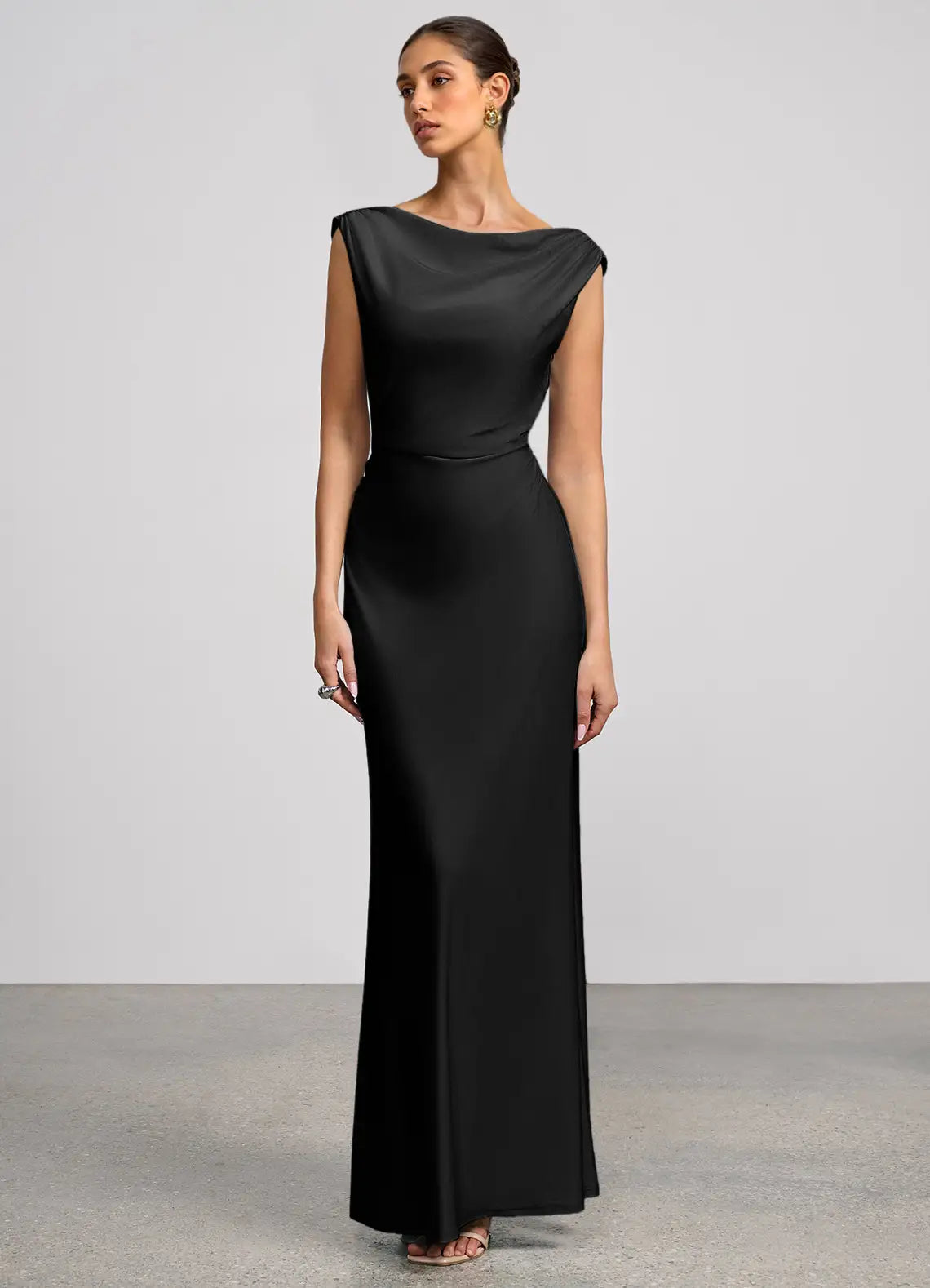 Black Cap Sleeve Cowl Neck Cowl Back Mermaid Maxi Satin Wedding Guest Dress