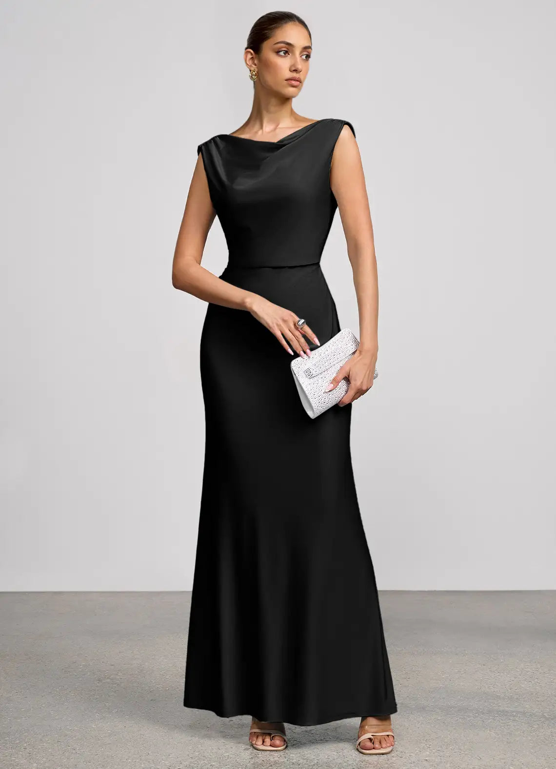 Black Cap Sleeve Cowl Neck Cowl Back Mermaid Maxi Satin Wedding Guest Dress