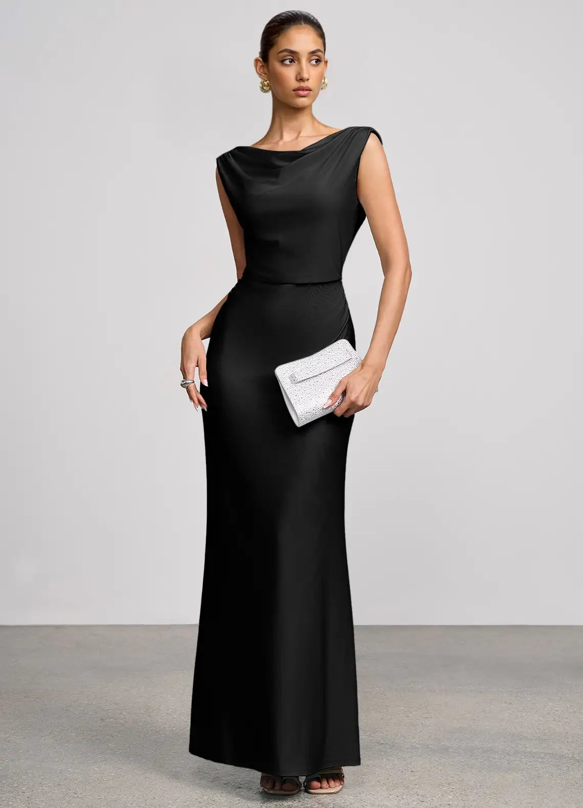 Black Cap Sleeve Cowl Neck Cowl Back Mermaid Maxi Satin Wedding Guest Dress