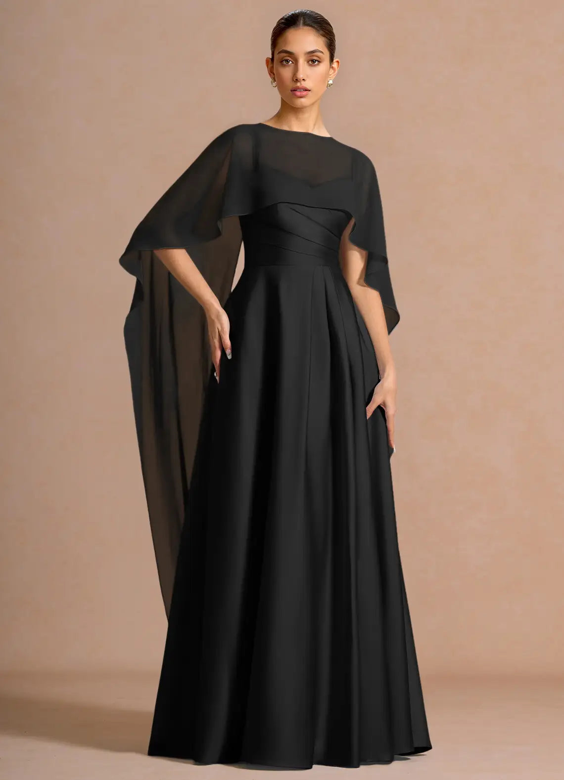 Black Convertible Chiffon Cape Spaghetti Strap Sweetheart A-Line Maxi Bridesmaid Dress